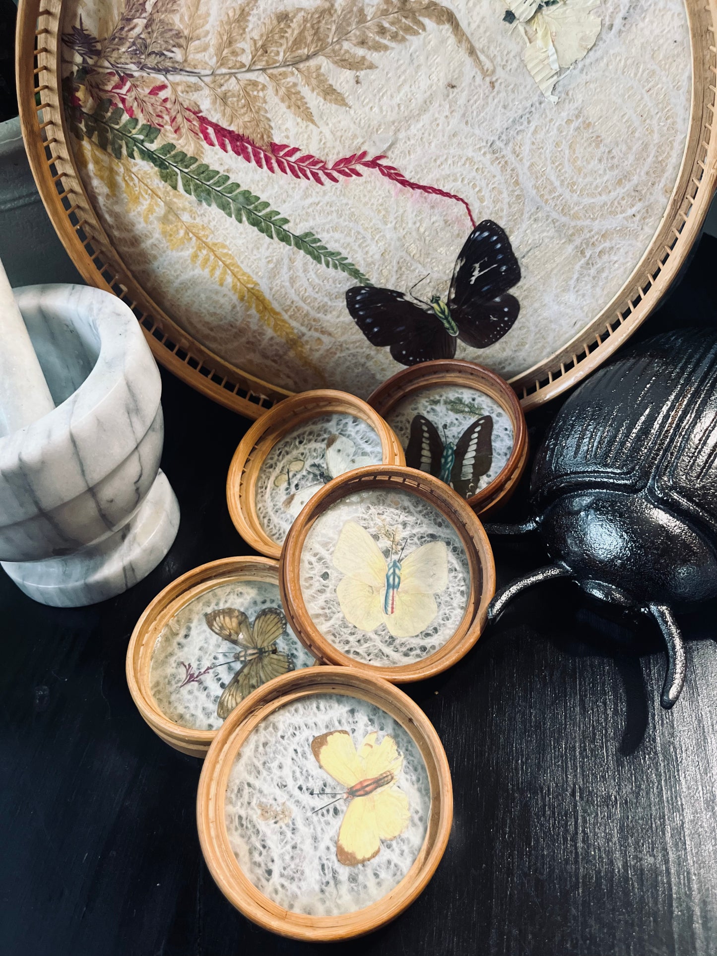 Vintage 1970’s Butterfly Tray with matching Coasters